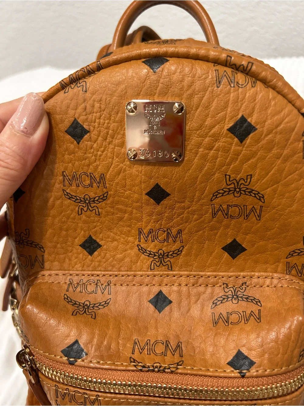 Authentic MCM Cognac Logo Gold Studded Mini Backpack Visetos